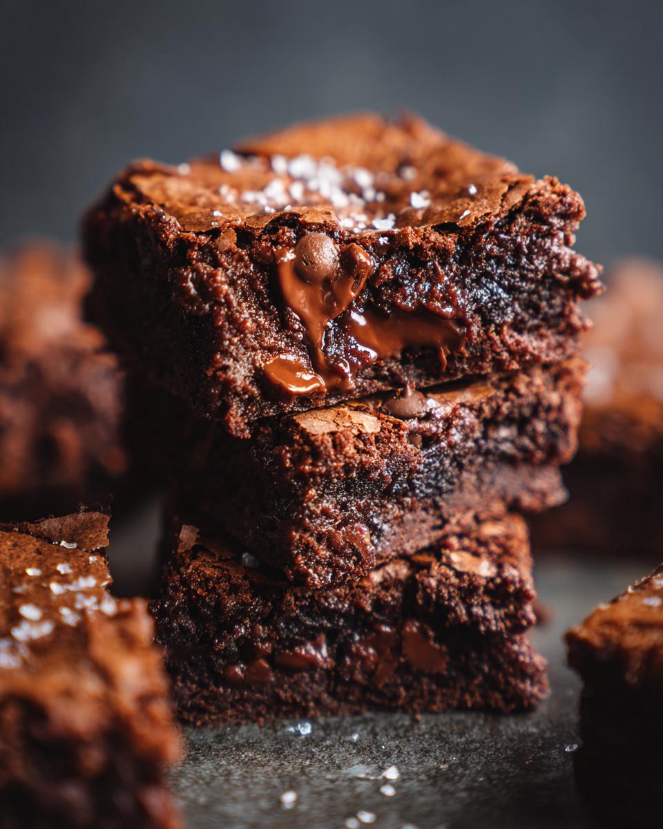 A close-up stack of fudgy brownies with melted chocolate chips and sea salt flakes on top.