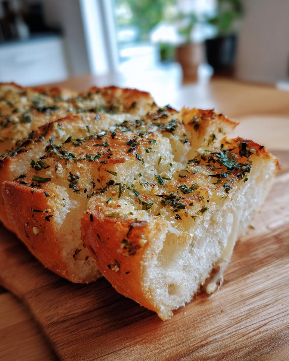 Close-up of golden brown garlic bread slices topped with chopped herbs on a wooden board.