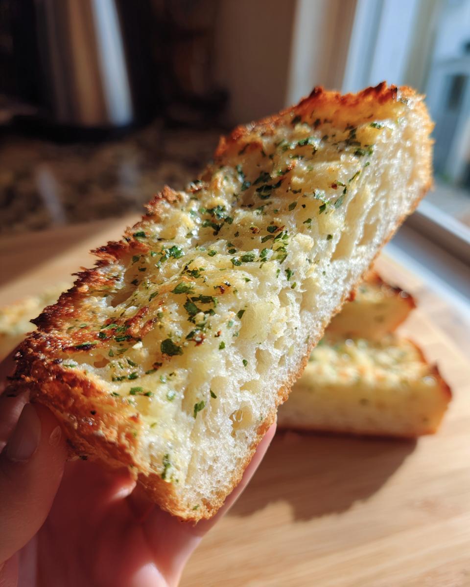 A person holding a slice of golden-brown garlic bread topped with melted butter and chopped parsley.