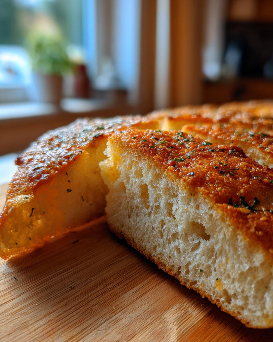 Close-up of golden brown garlic bread slices with visible herbs on a wooden cutting board.
