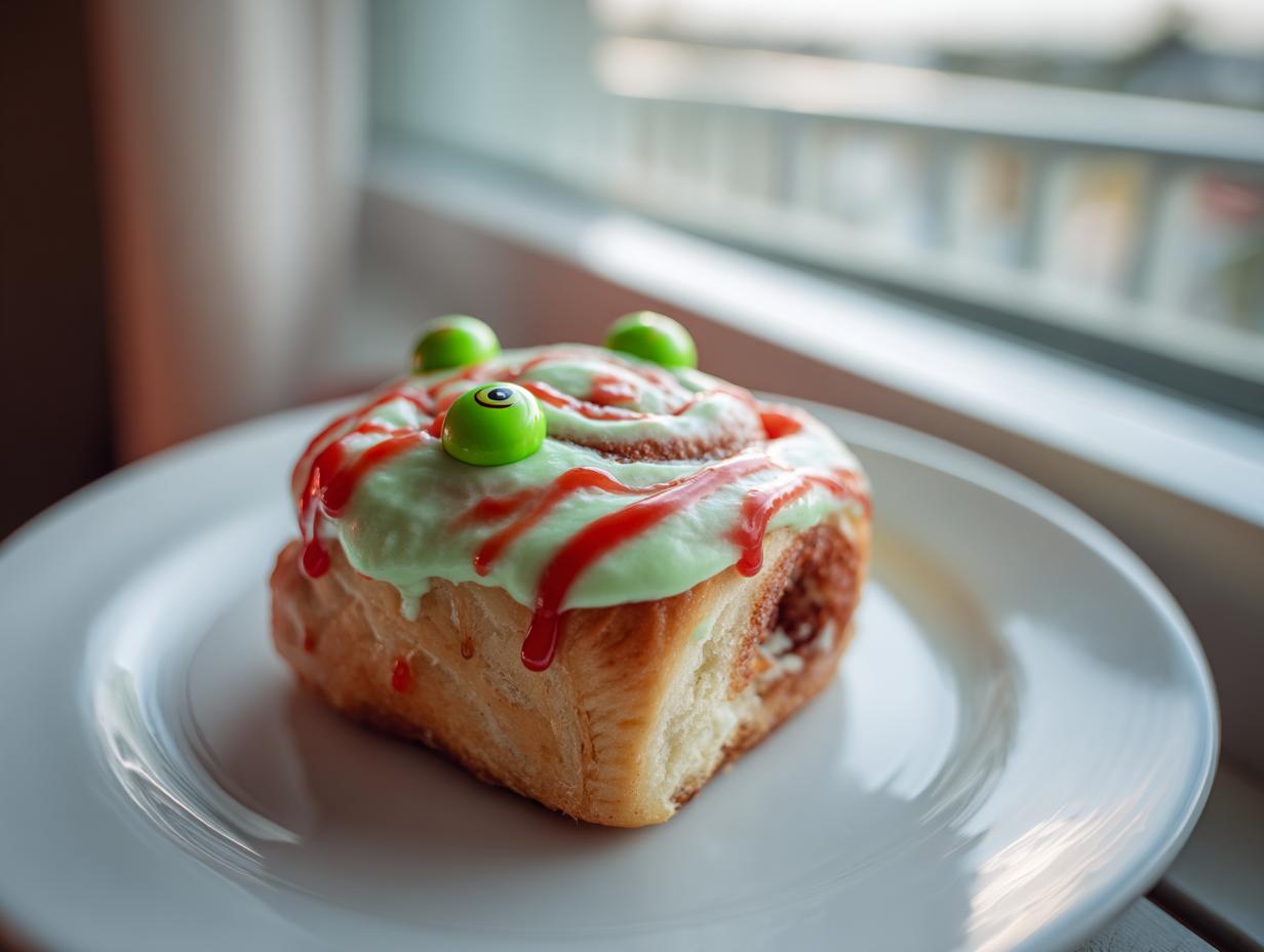 A single Zombie Cinnamon Roll on a white plate, topped with green icing, red drizzle, and candy eyeballs.