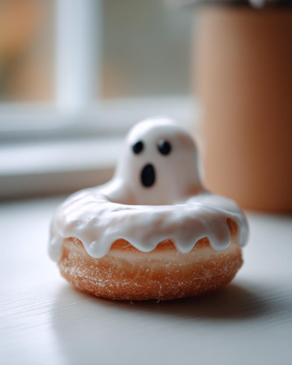 A single, adorable Ghost Donut with white icing and black eyes and mouth, ready for Halloween.