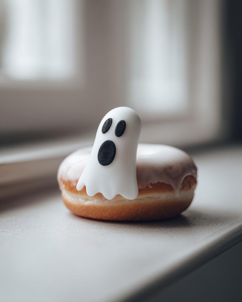 A single glazed donut decorated with a cute white ghost topper featuring black eyes and mouth, perfect for Ghost Donuts.