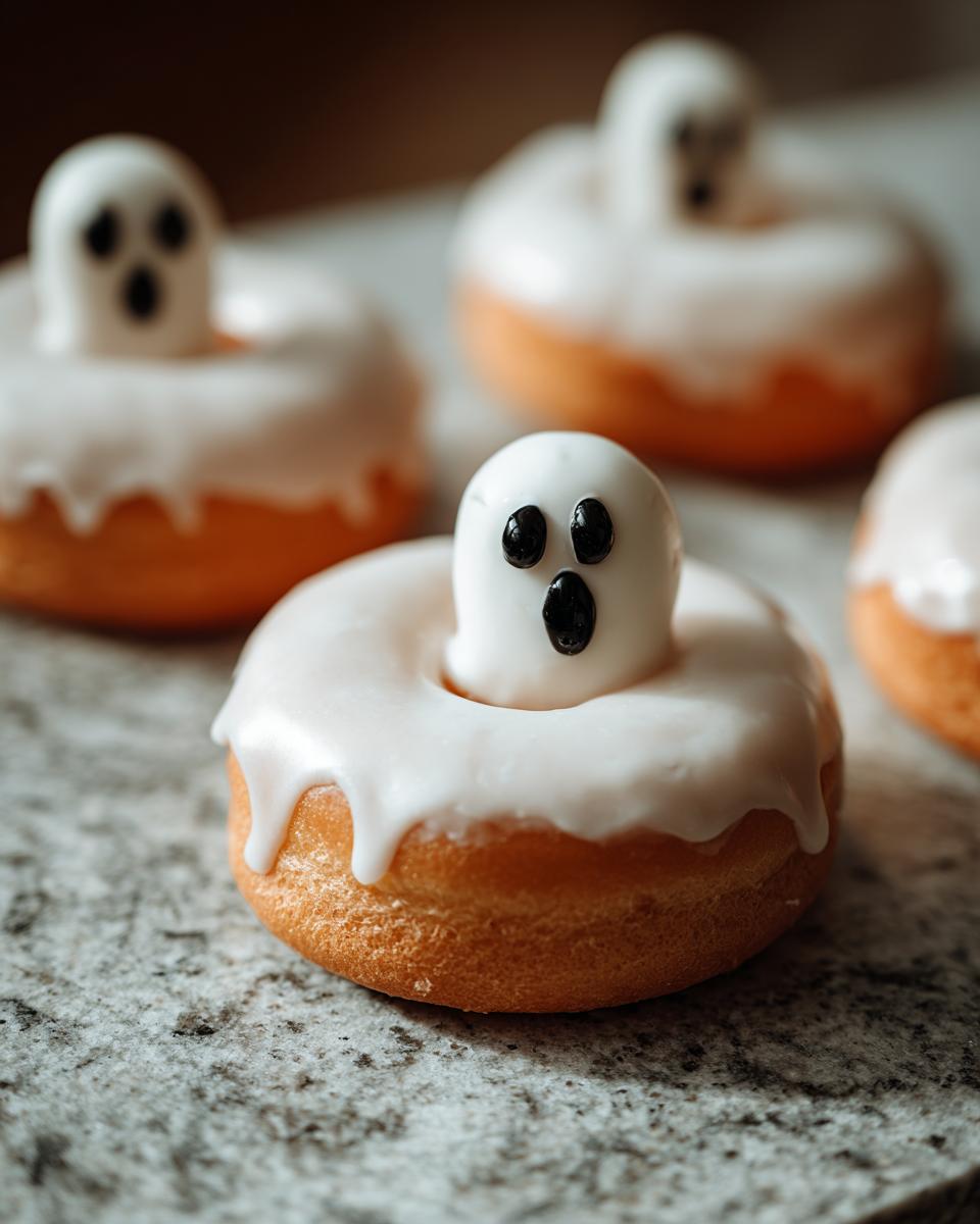 Close-up of a festive donut decorated as a ghost, with white icing and black candy eyes and mouth, part of a batch of Ghost Donuts.