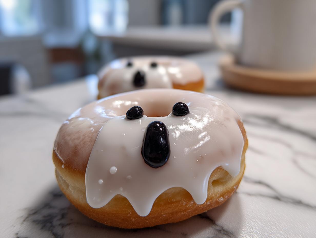 Close-up of two adorable Ghost Donuts with white glaze and black candy eyes, perfect for Halloween.