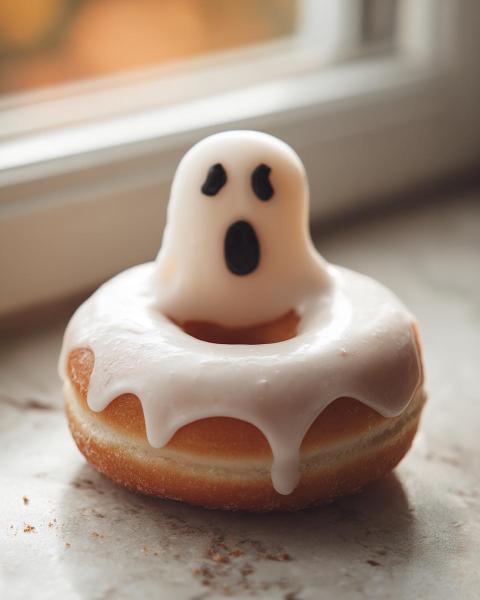 A close-up of a festive ghost donut with white icing and black ghost face details, perfect for Halloween.