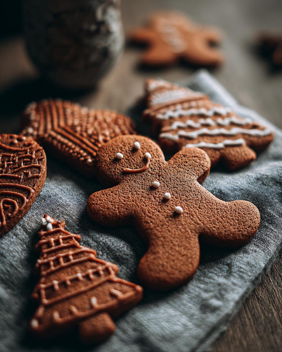 A close-up of various decorated gingerbread cookies, including a gingerbread man and Christmas trees, on a grey cloth.