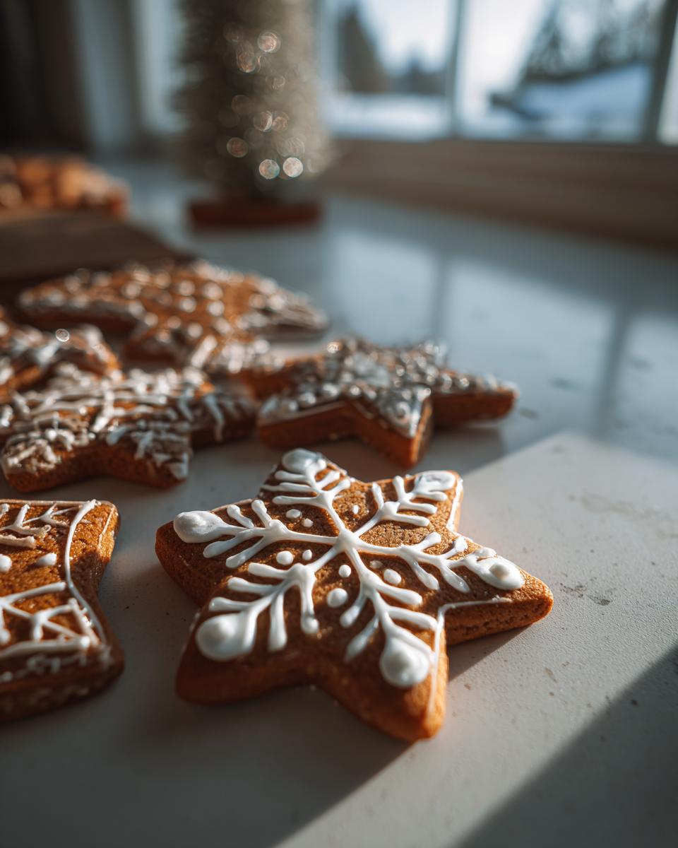 Close-up of star-shaped gingerbread cookies decorated with white icing snowflakes, perfect for holiday baking.