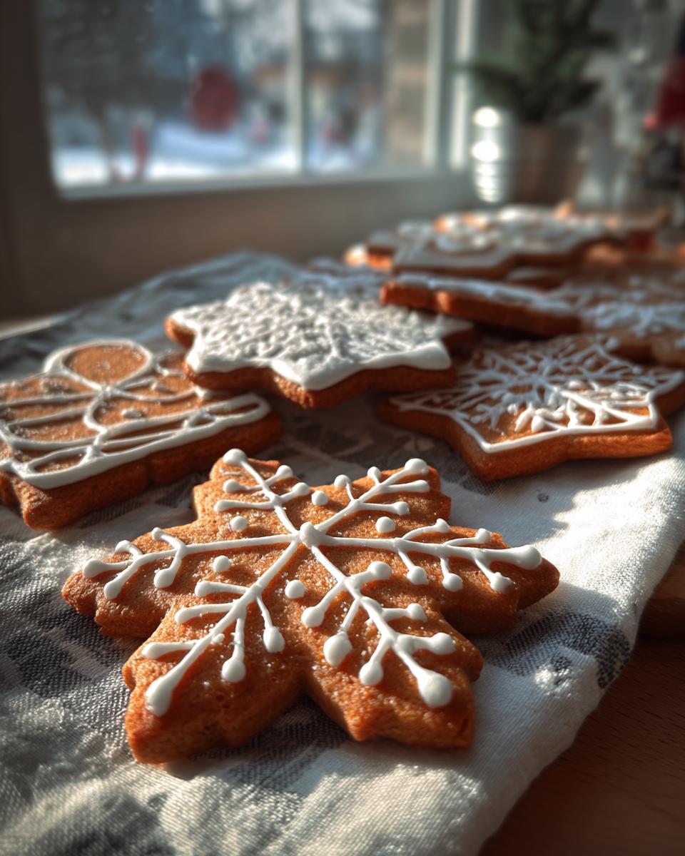 Close-up of snowflake-shaped gingerbread cookies decorated with white icing, perfect for Christmas.