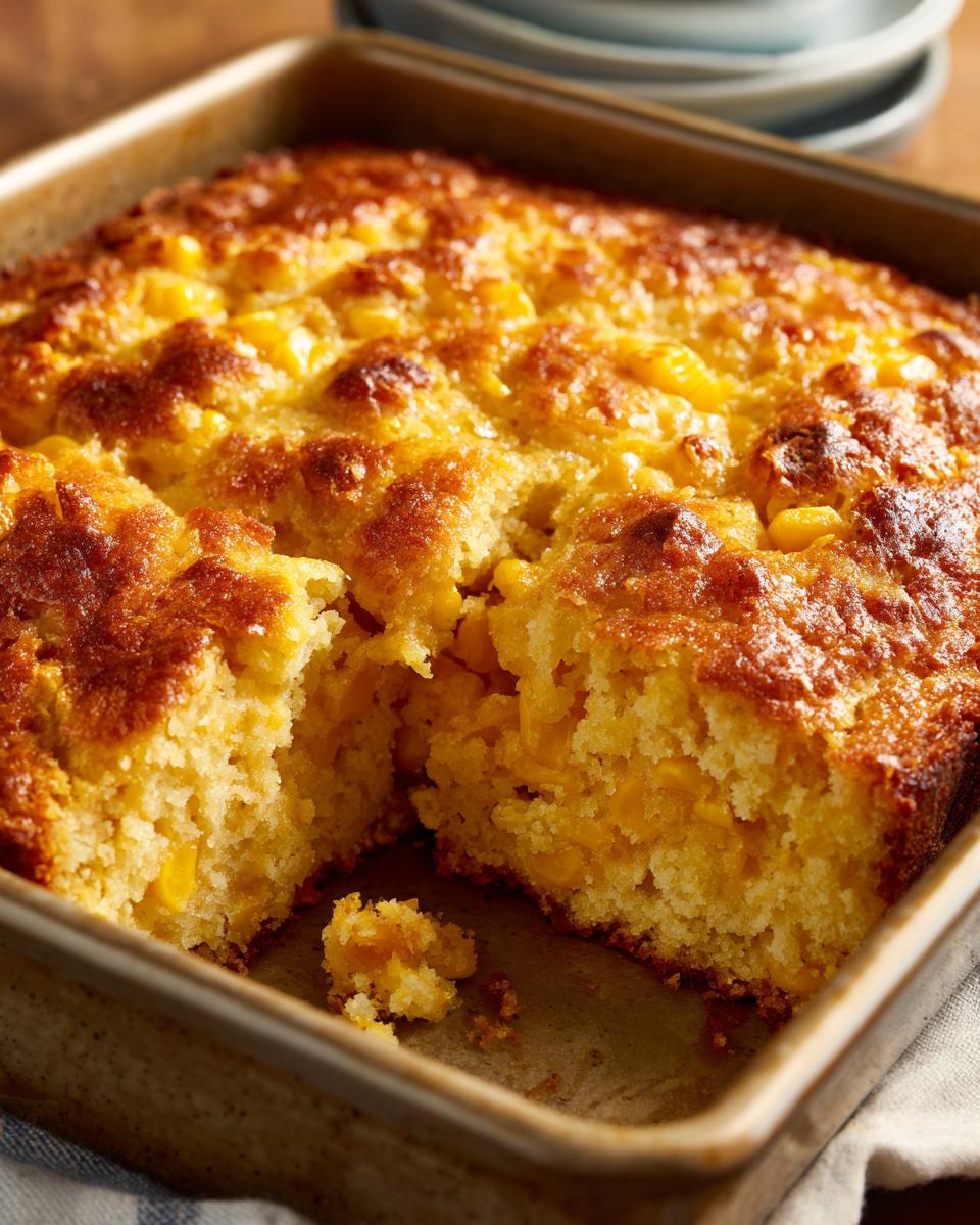 Close-up of a golden brown corn casserole in a baking dish, with a piece removed showing the fluffy interior and corn kernels.