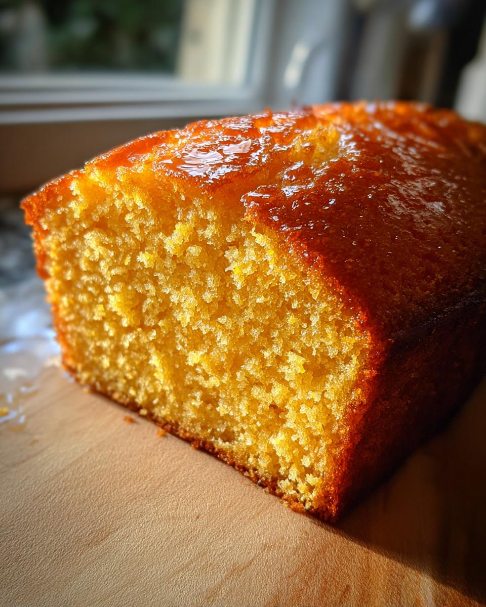Close-up of a golden-brown cornbread loaf with a shiny glaze, showing its crumbly texture.