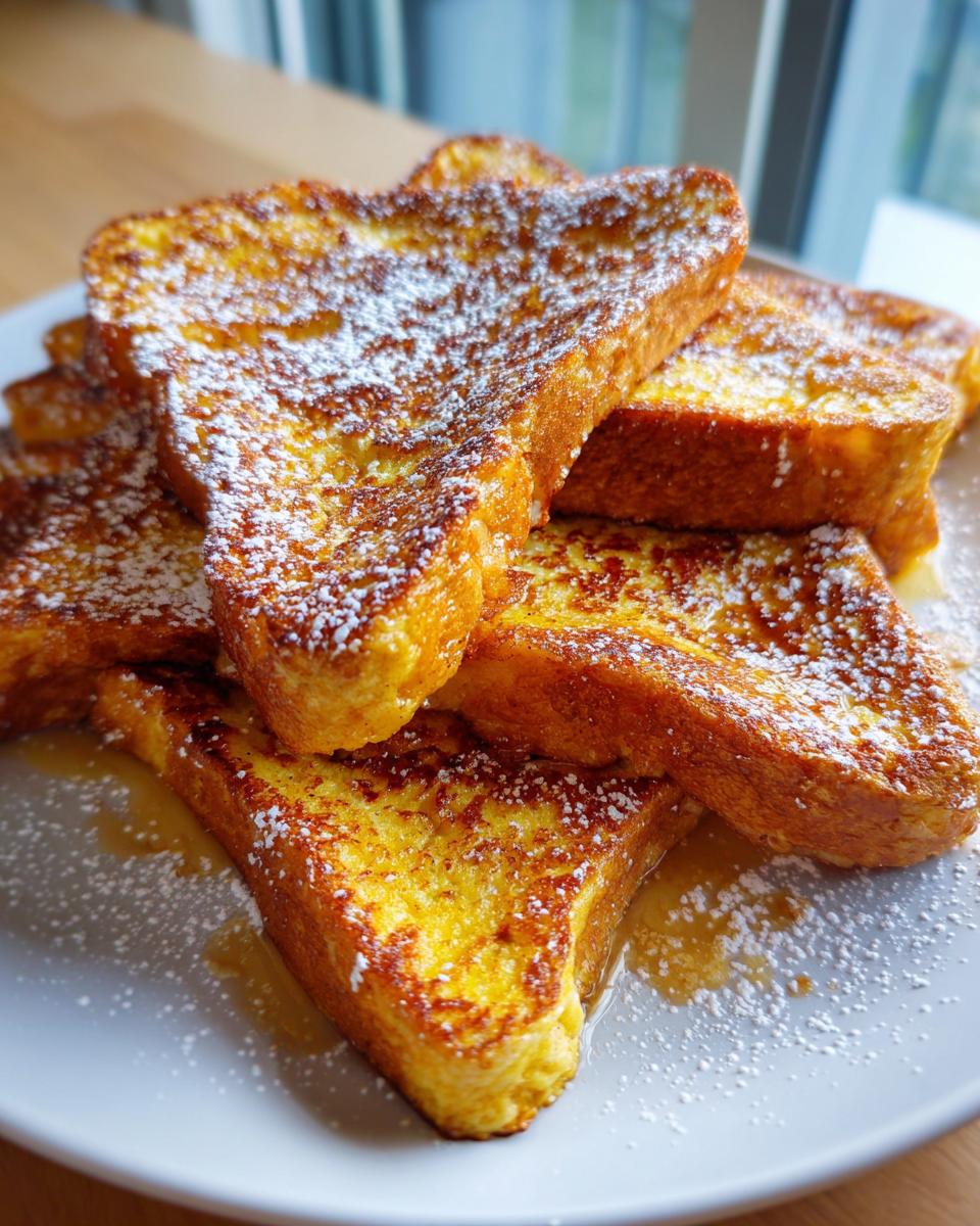 A stack of golden brown French toast slices dusted with powdered sugar and drizzled with syrup.