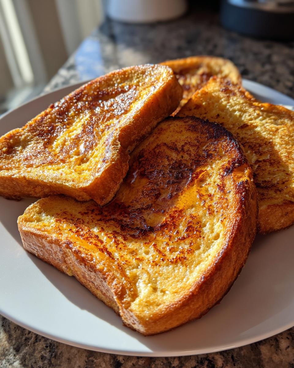 Close-up of four golden brown French toast slices on a white plate, glistening with syrup.