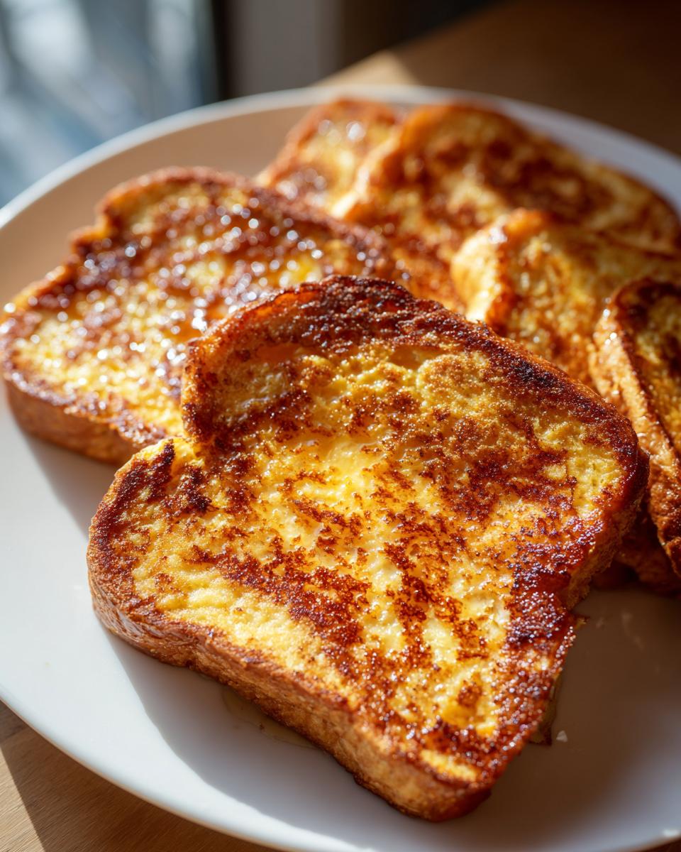 Close-up of golden brown French toast slices glistening with syrup on a white plate.