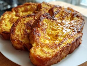 Close-up of golden brown French toast slices on a white plate, glistening with syrup.
