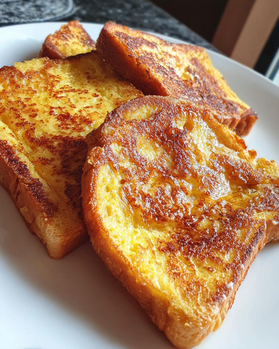 Close-up of four golden-brown slices of French toast on a white plate, showcasing their crispy edges and fluffy interior.