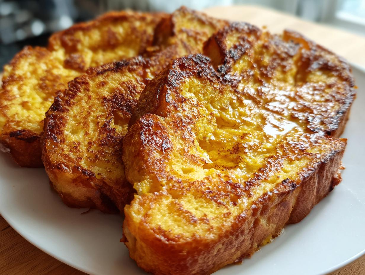 Close-up of golden brown French toast slices on a white plate, glistening with syrup.