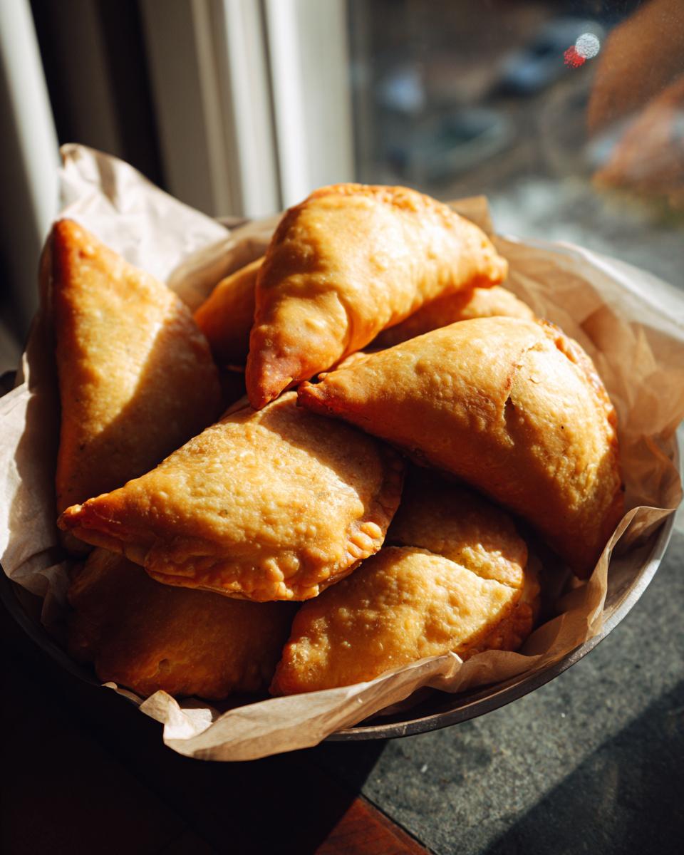 A close-up of a bowl filled with golden brown, freshly fried samosas, lined with parchment paper.