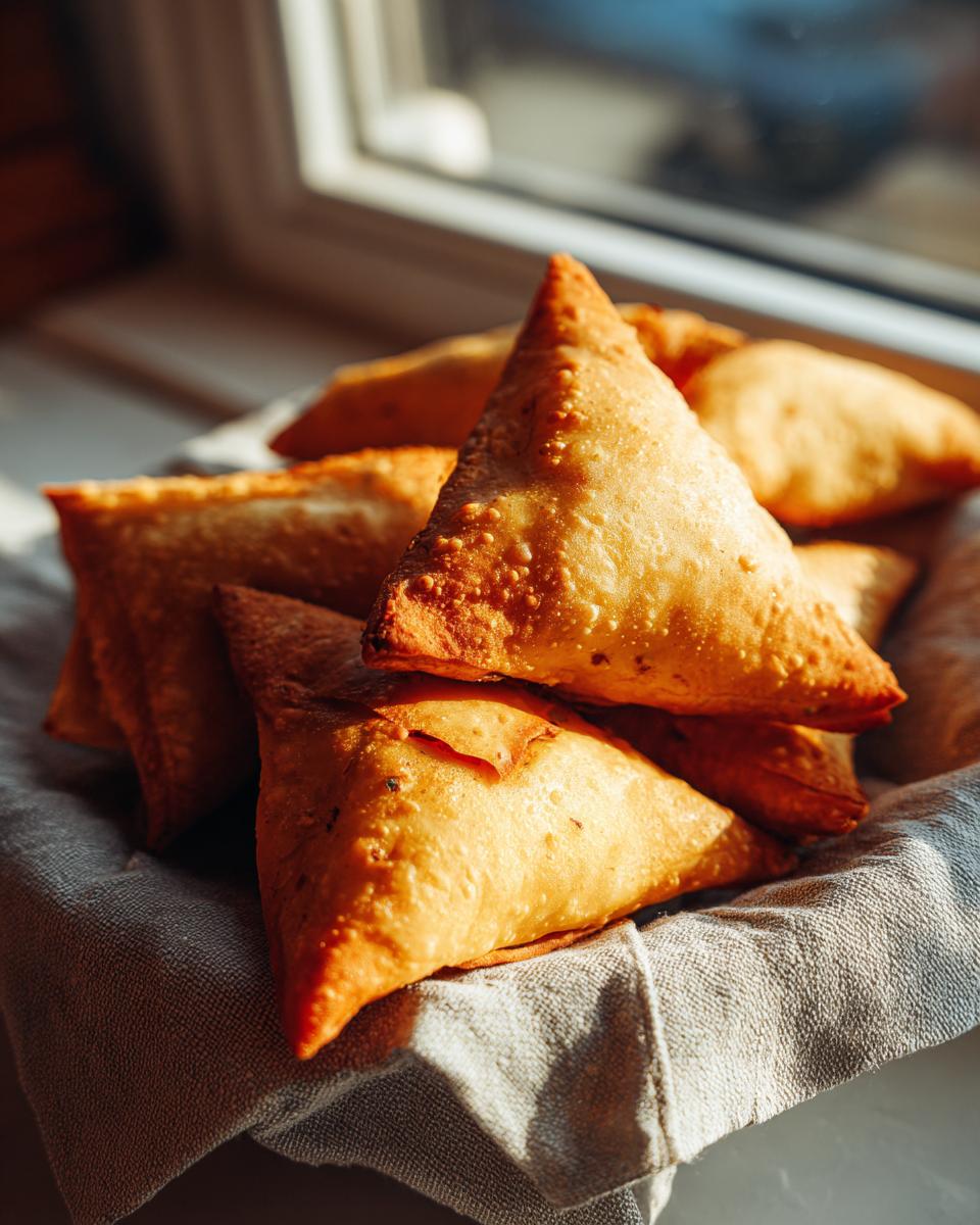 A close-up of golden-brown, crispy samosas piled in a basket lined with a grey cloth.