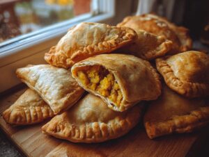 A pile of golden-brown, freshly baked samosas on a wooden board. One samosa is cut open to reveal a savory potato and pea filling.