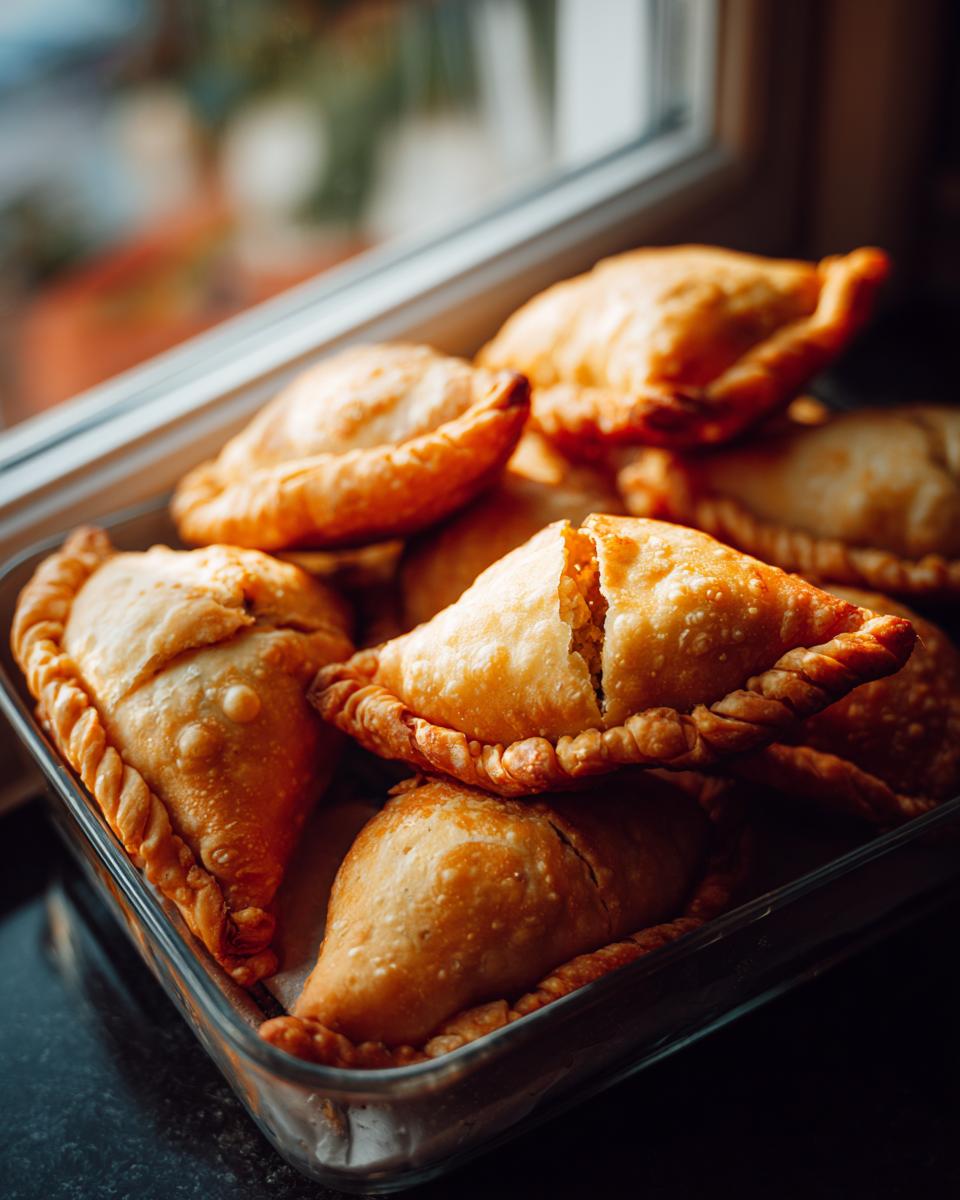 A close-up shot of golden-brown, crispy samosas piled high in a glass dish.