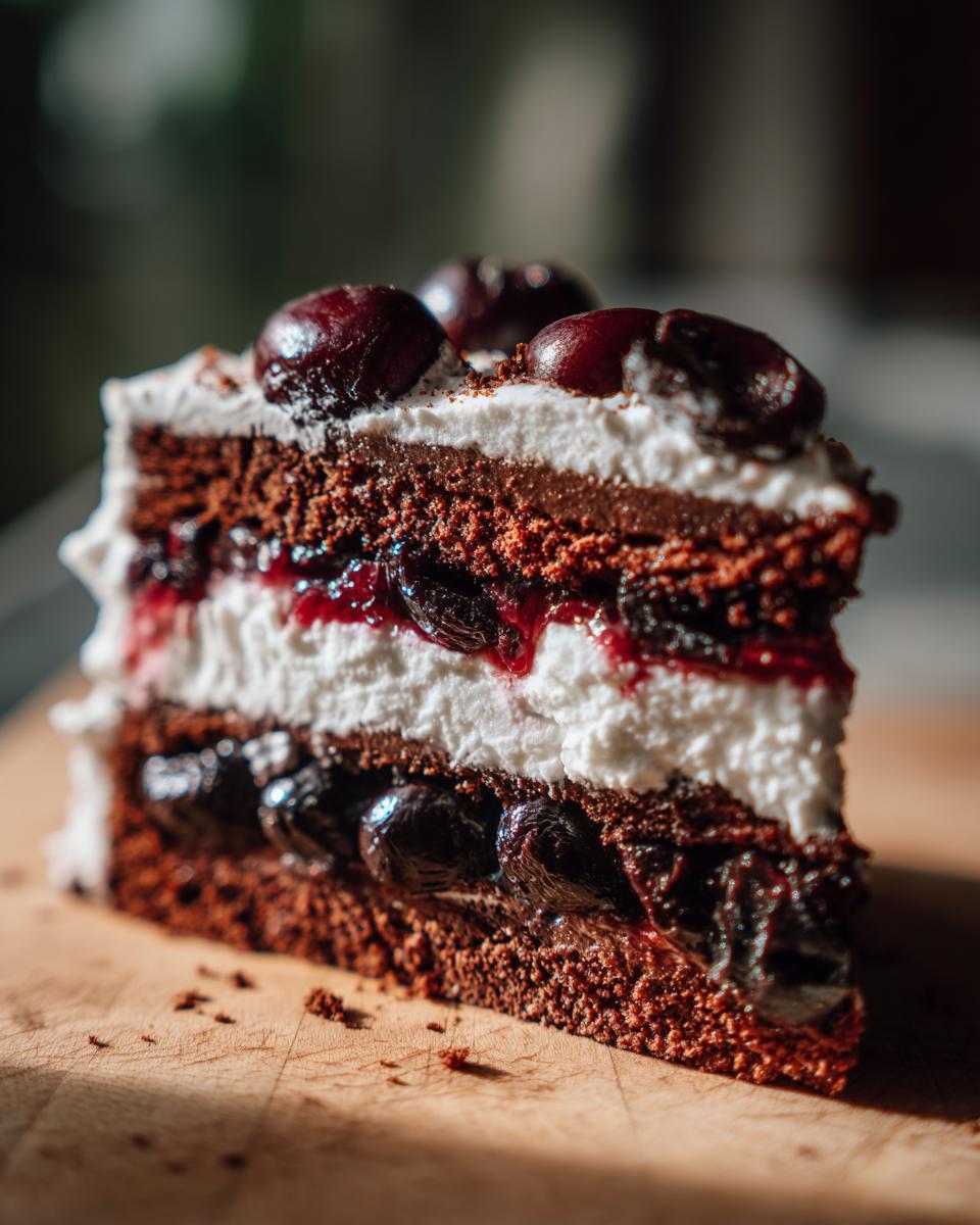 A decadent slice of Black Forest Cake with layers of chocolate cake, whipped cream, and dark cherries.