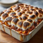 Close-up of Grandma's Sweet Potato Casserole, topped with perfectly toasted marshmallows.