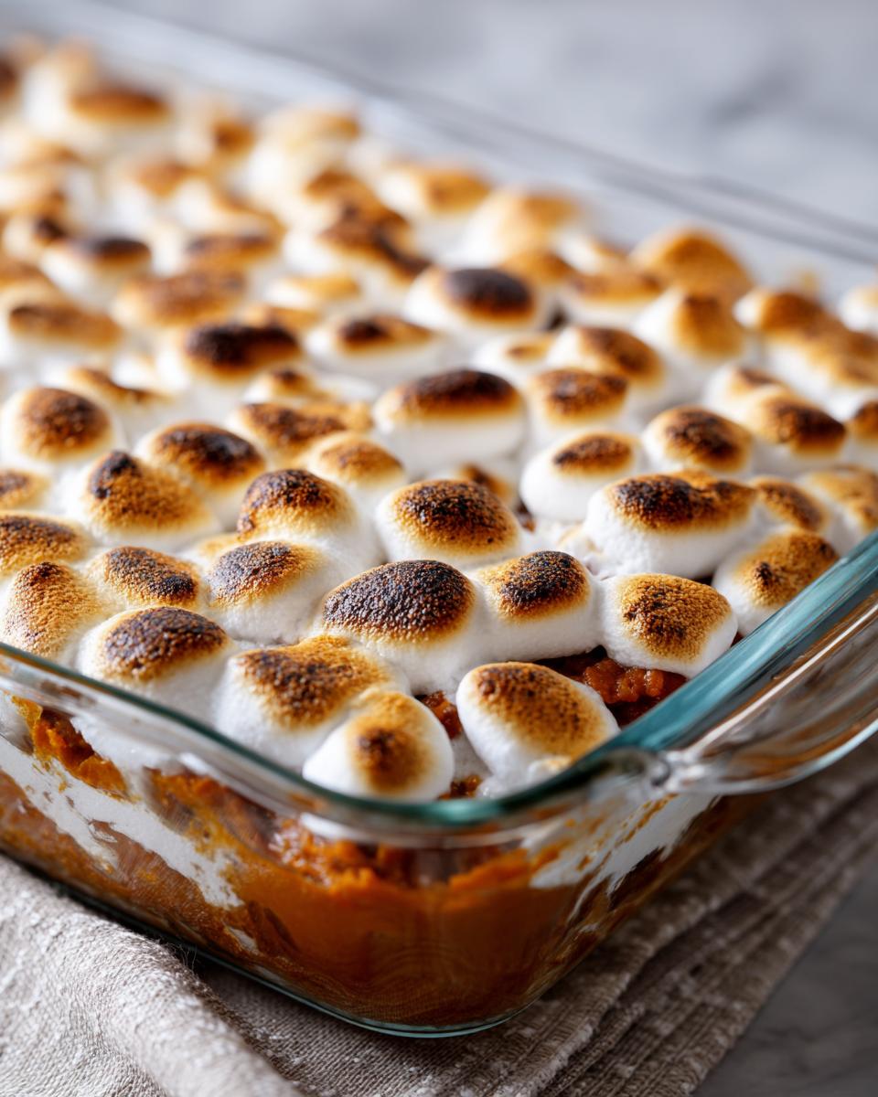 Close-up of Grandma's Sweet Potato Casserole topped with perfectly toasted marshmallows in a glass baking dish.