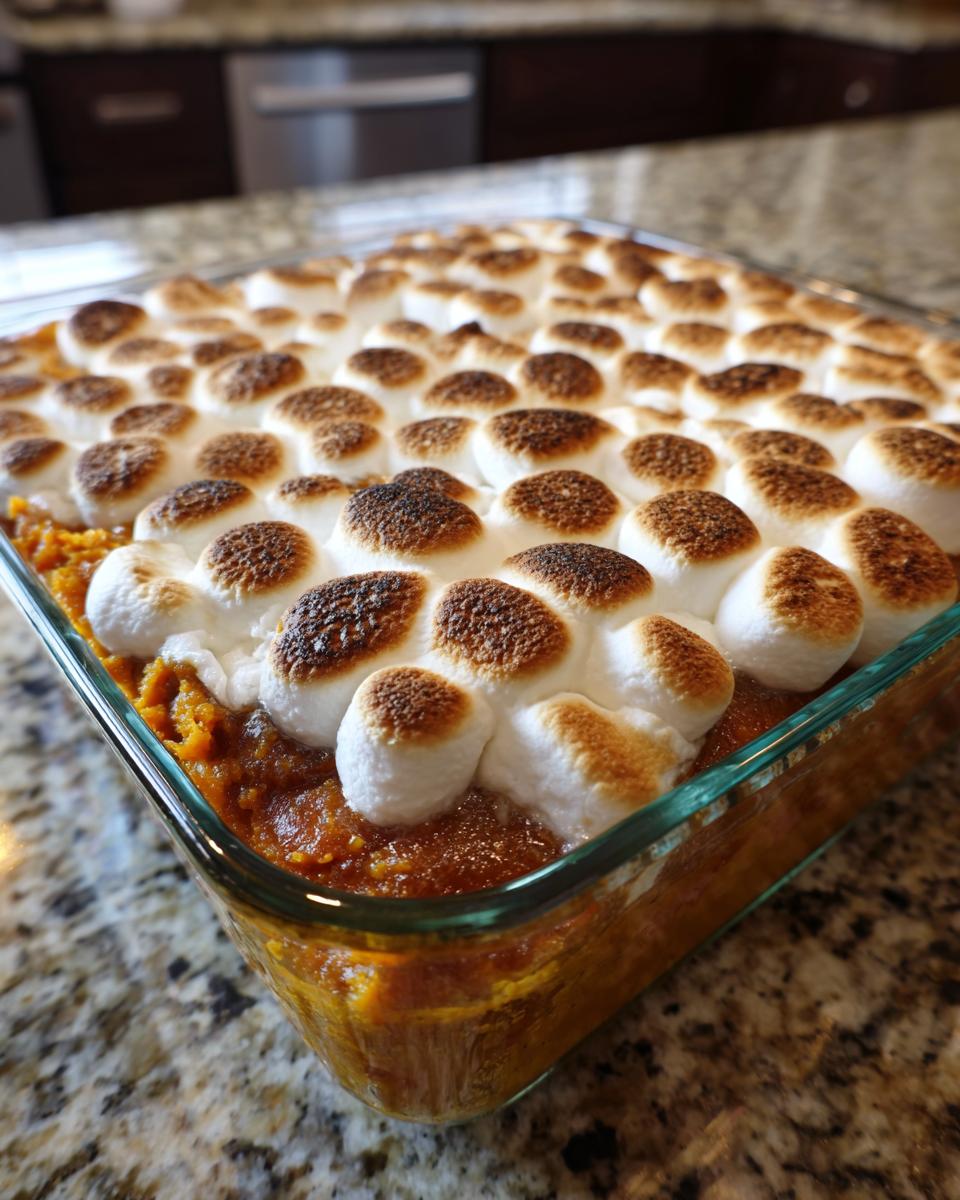 Close-up of Grandma's Sweet Potato Casserole topped with perfectly toasted marshmallows in a glass baking dish.