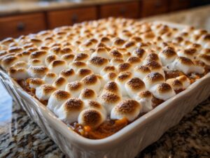 Close-up of Grandma's Sweet Potato Casserole topped with perfectly toasted marshmallows.