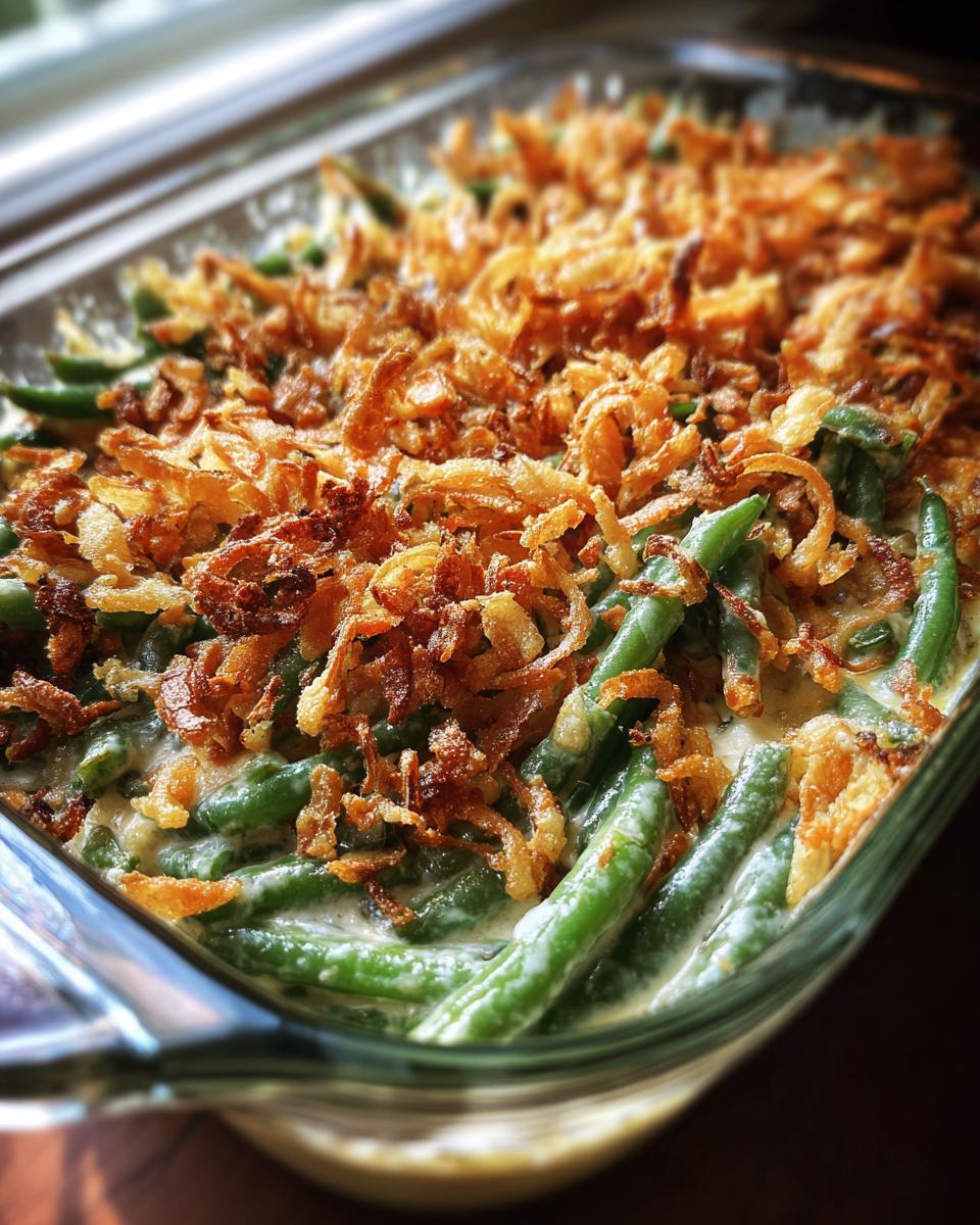 A close-up of a freshly baked Green Bean Casserole in a glass dish, topped with golden crispy fried onions.