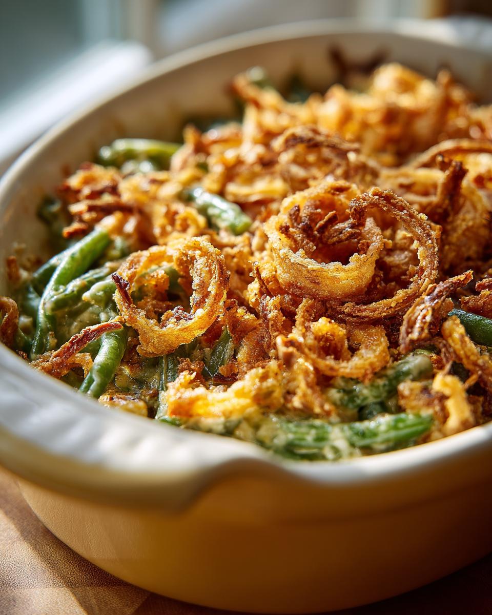A close-up of a freshly baked Green Bean Casserole topped with golden fried onions.