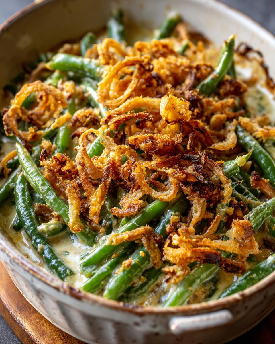 Close-up of a classic Green Bean Casserole topped with golden-brown crispy fried onions.