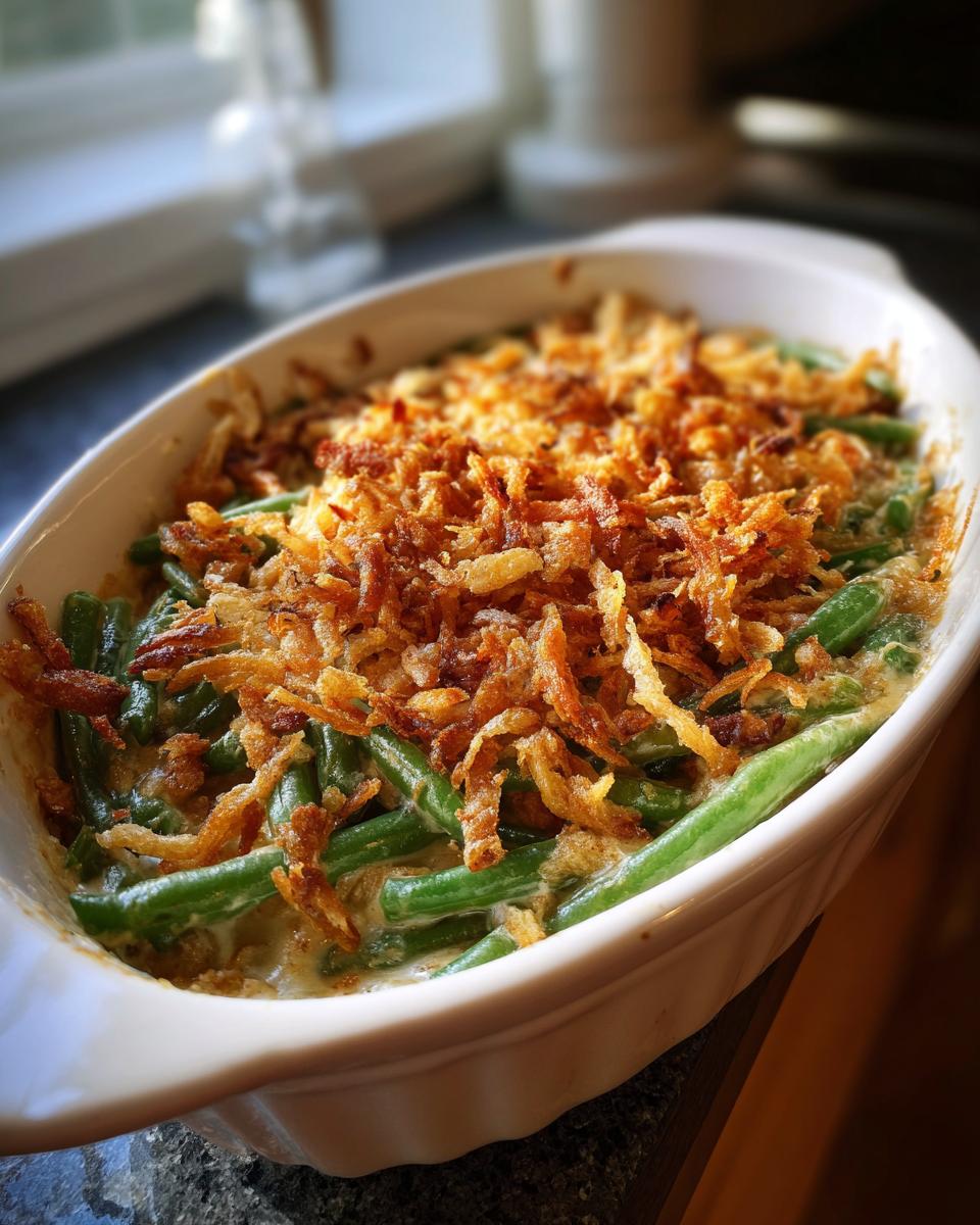 A close-up of a classic green bean casserole in a white baking dish, topped with crispy fried onions.