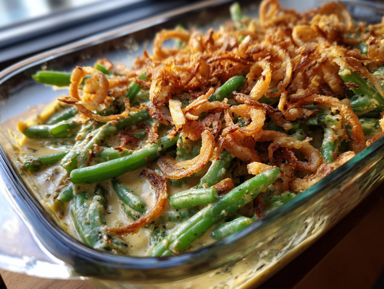 Close-up of a freshly baked Green Bean Casserole in a glass dish, topped with golden fried onions.