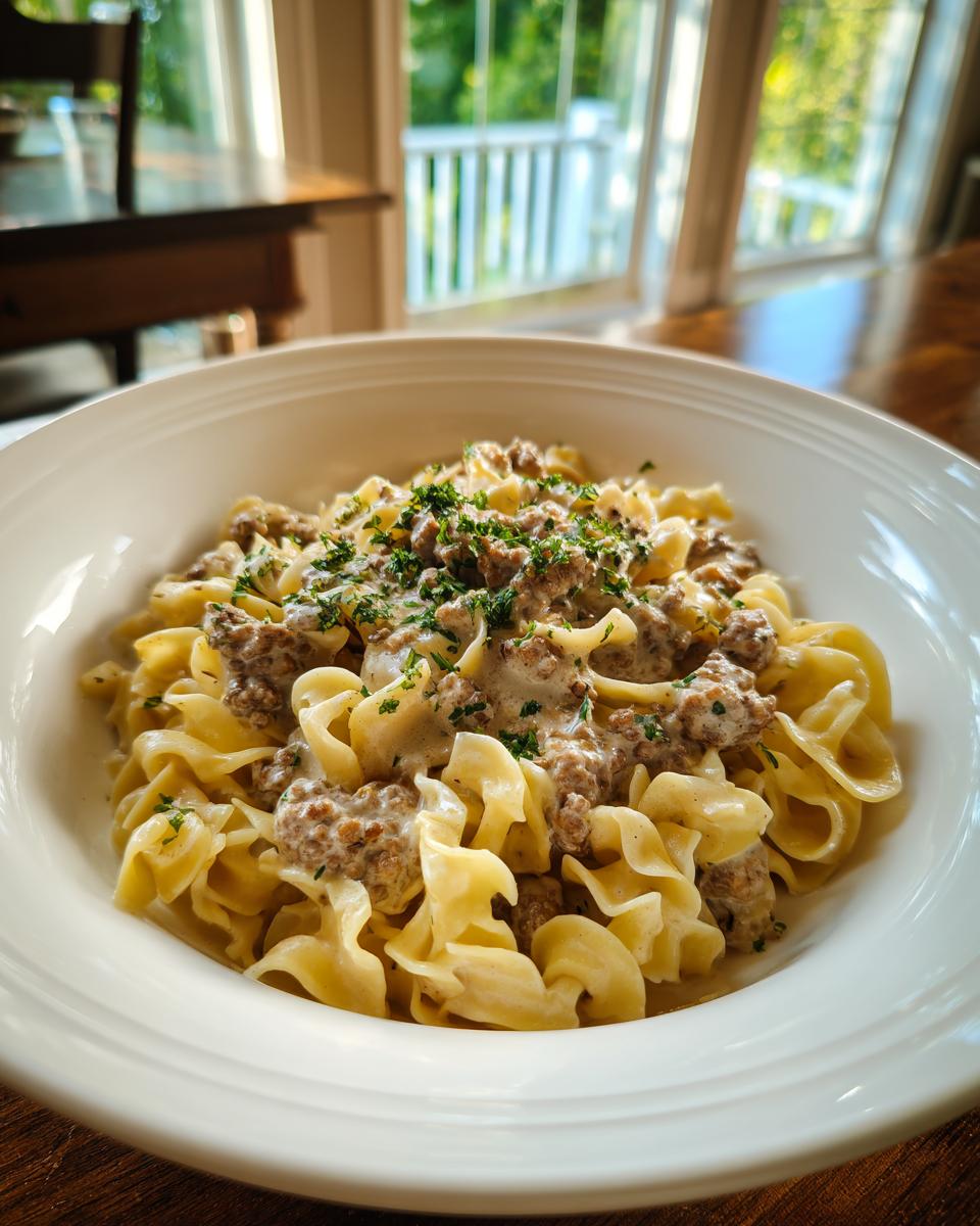 A close-up of a white bowl filled with ground beef stroganoff and wide egg noodles, garnished with fresh parsley.