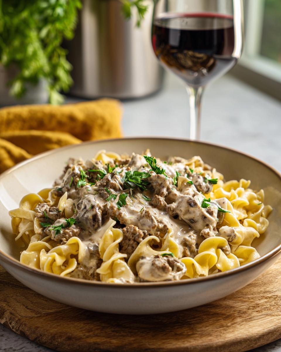 A close-up of a bowl of ground beef stroganoff served over egg noodles, garnished with fresh parsley.