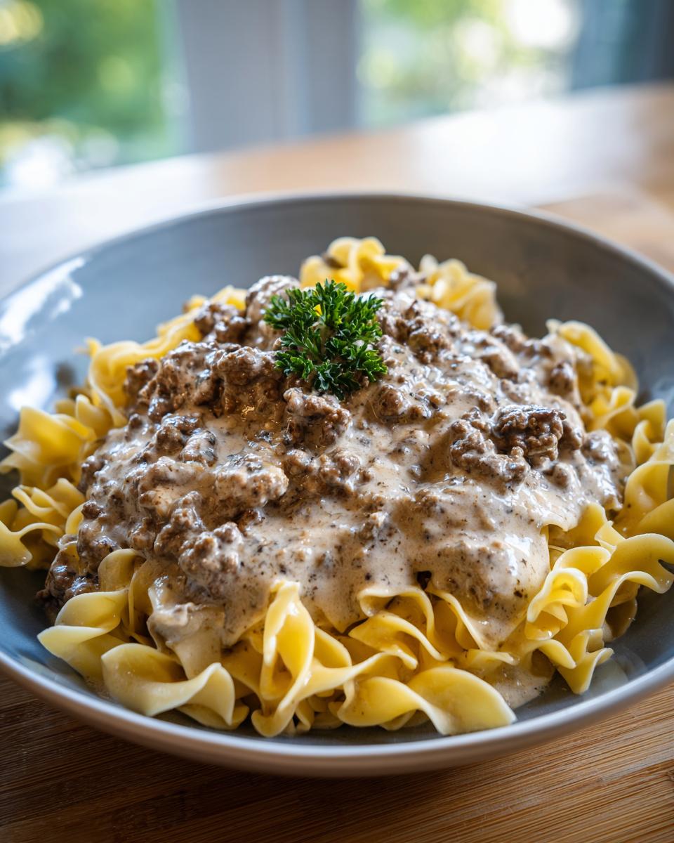 A close-up of a bowl of ground beef stroganoff served over wide egg noodles, garnished with parsley.