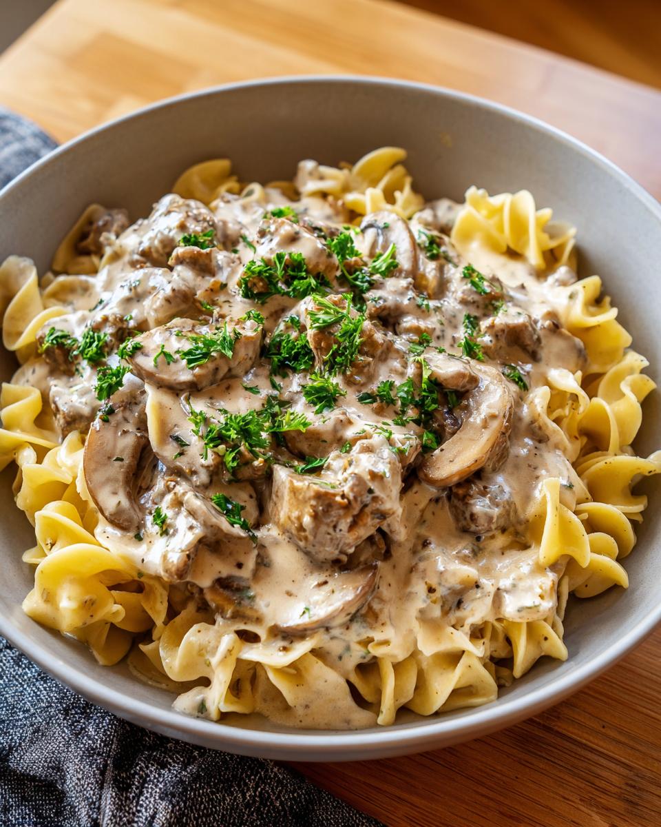 A close-up of a bowl filled with ground beef stroganoff, creamy mushroom sauce, and egg noodles, garnished with fresh parsley.
