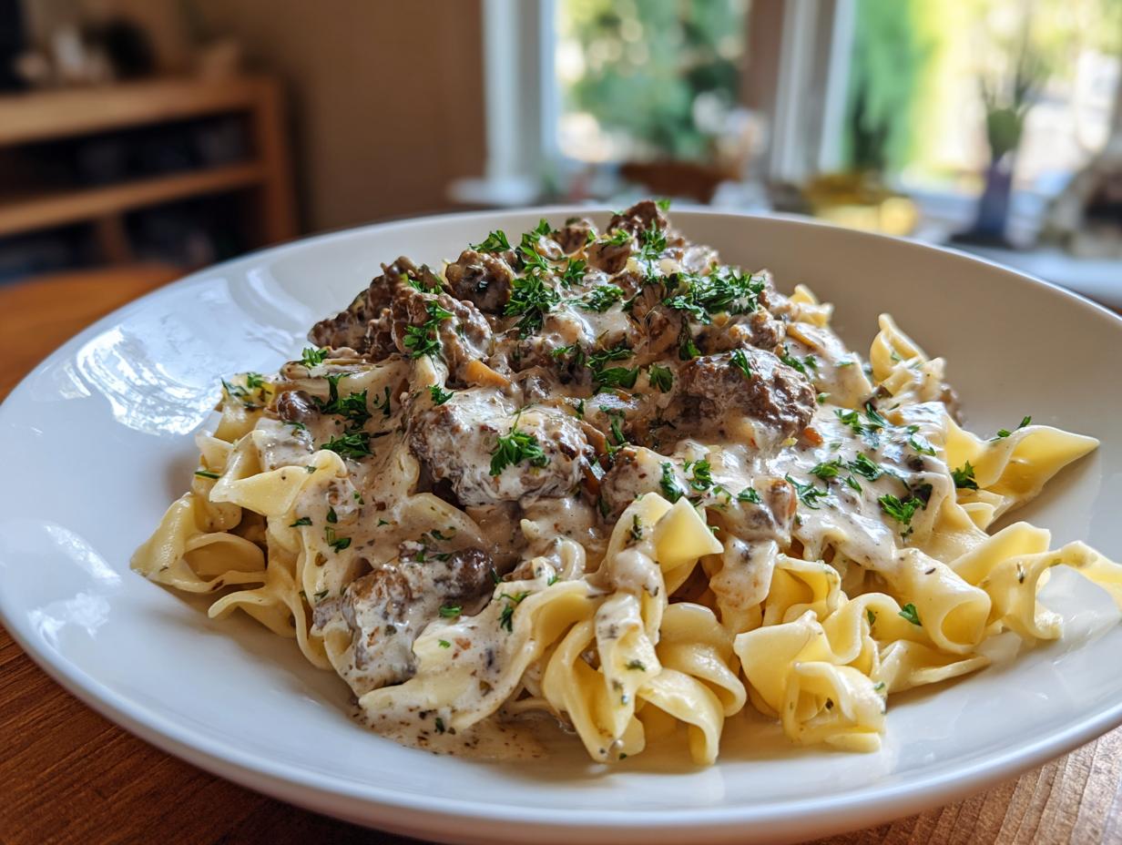 A close-up of creamy ground beef stroganoff served over wide egg noodles, garnished with fresh parsley.