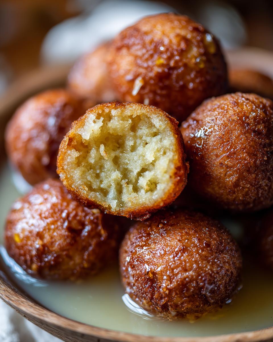 Close-up of a bowl of sweet Gulab Jamun, with one piece broken open to show its soft, porous interior.