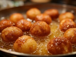 Close-up of golden brown Gulab Jamun balls frying in hot oil, bubbling and glistening.