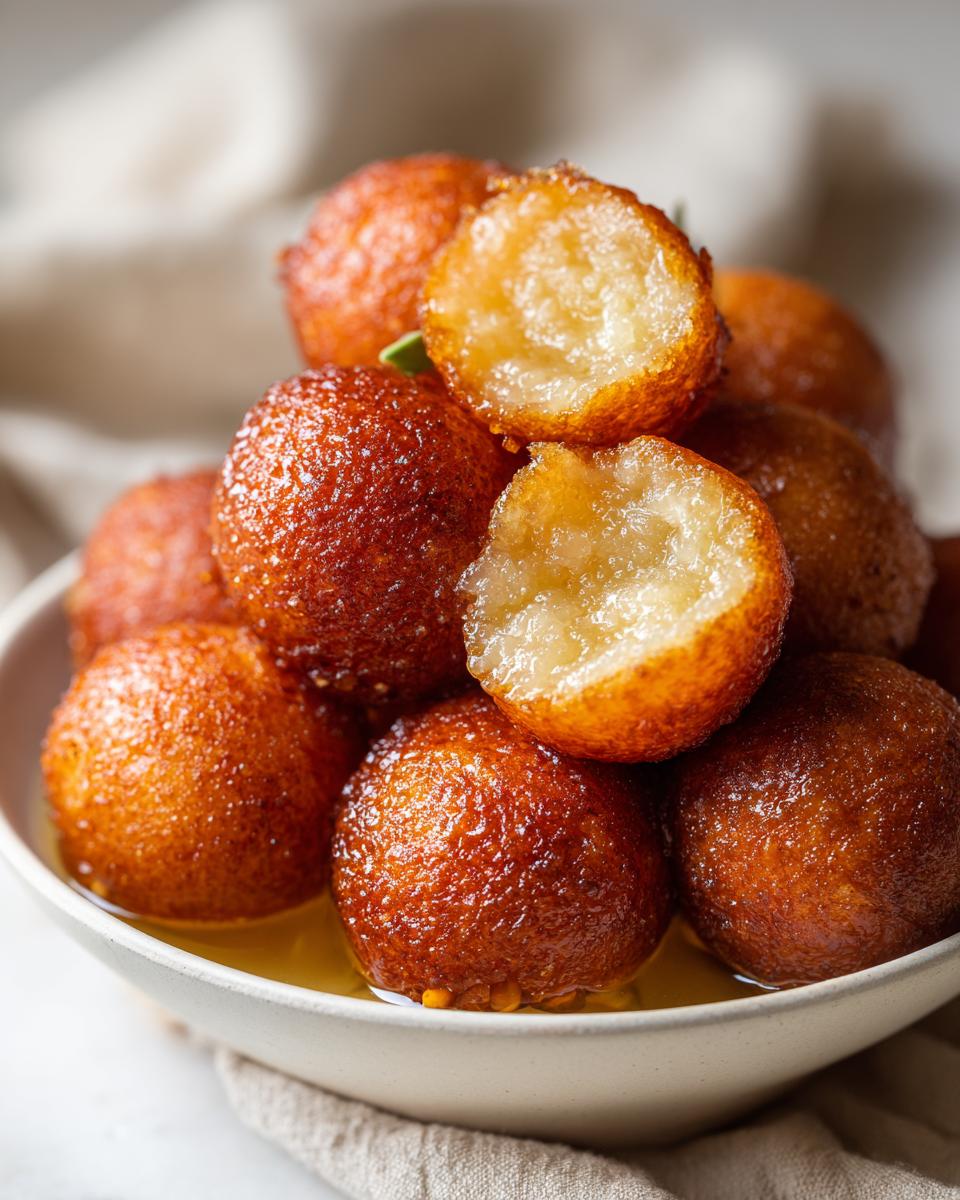 A close-up of a bowl filled with golden-brown Gulab Jamun soaked in sweet syrup.