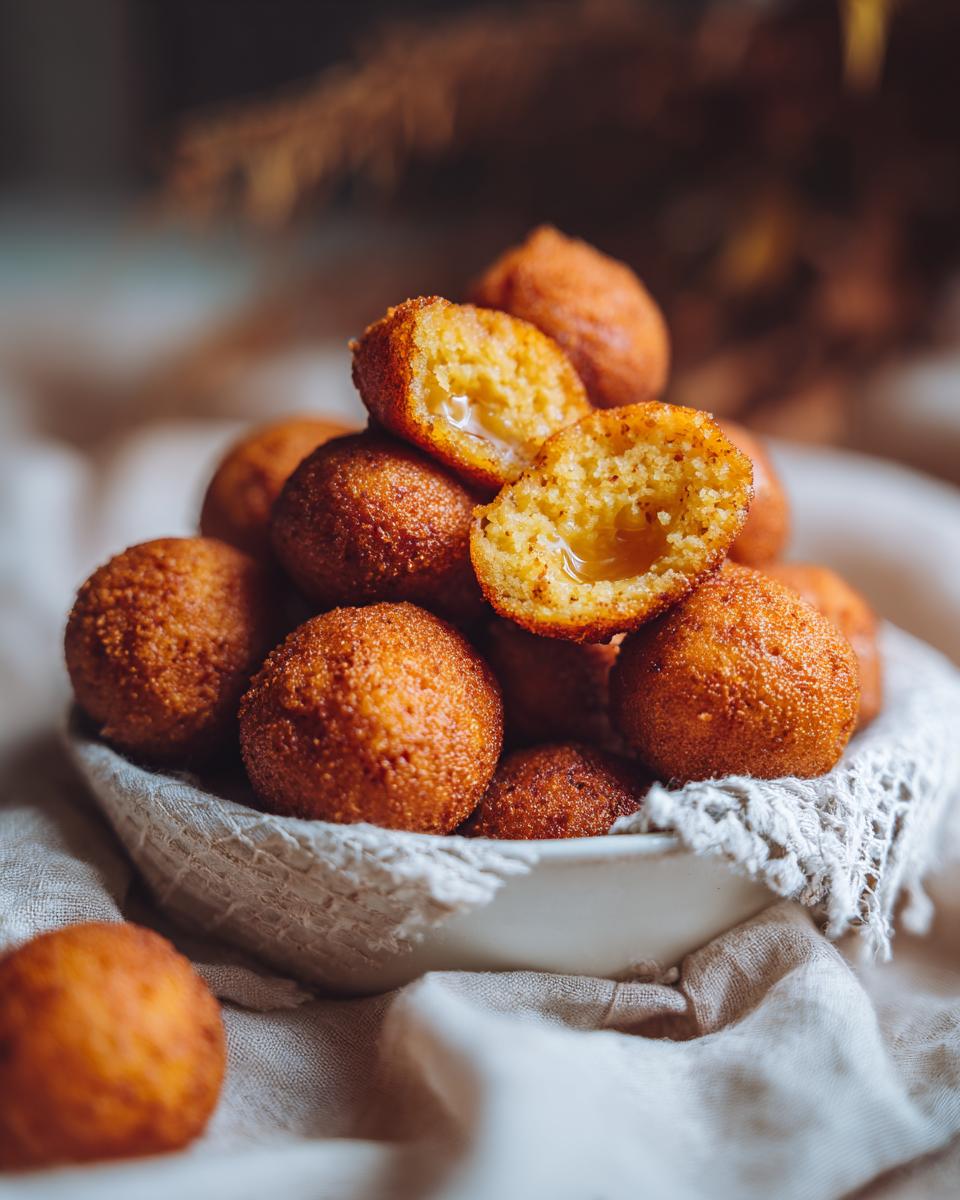 A close-up of golden-brown Gulab Jamun balls, one cut in half to reveal a glistening syrup filling.