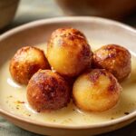 Close-up of golden brown Gulab Jamun balls soaked in sweet syrup, garnished with zest.