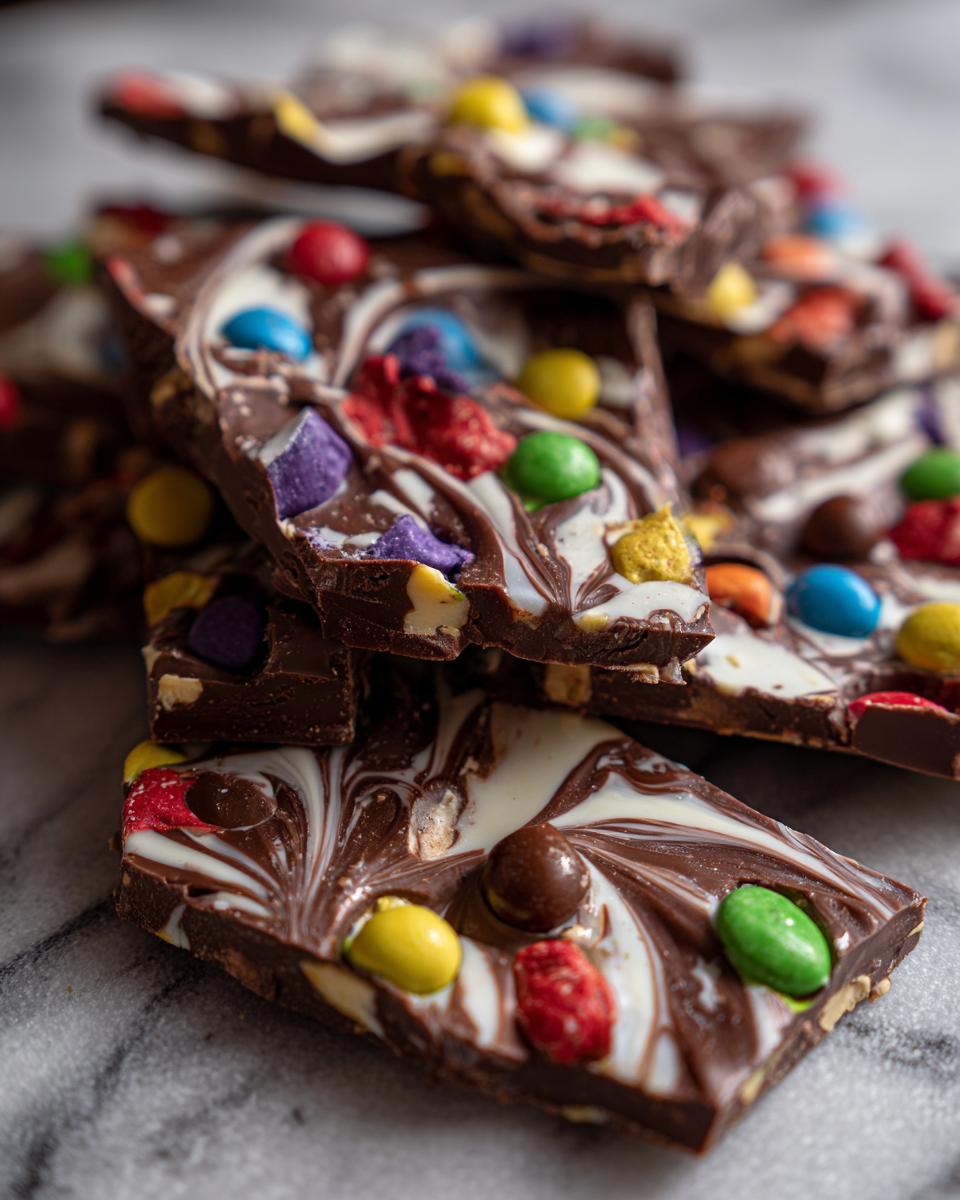 A close-up of stacked pieces of Halloween Candy Bark, featuring swirled dark and white chocolate with colorful candy pieces and M&Ms.