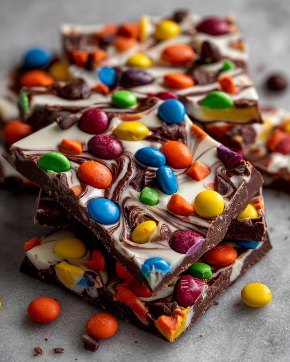 Stack of colorful Halloween Candy Bark slices with chocolate, white chocolate swirls, and candy pieces.