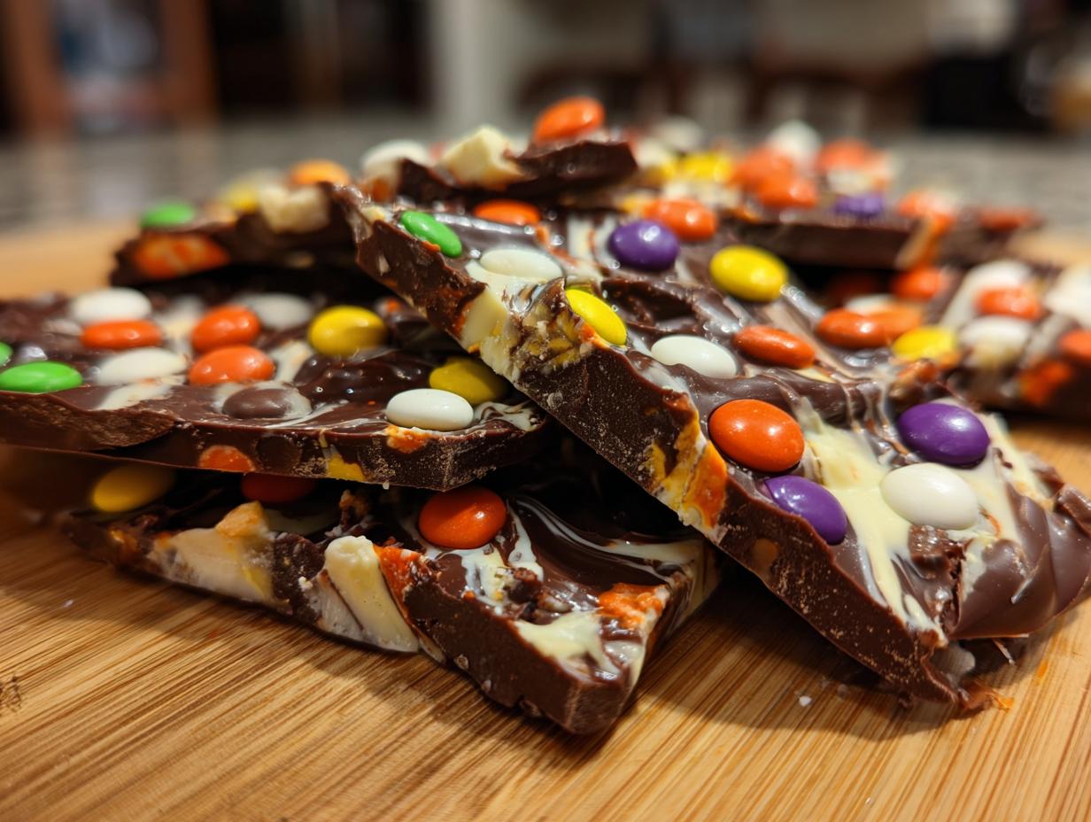 Close-up of broken pieces of Halloween Candy Bark, featuring dark chocolate swirled with white chocolate and colorful candy pieces.