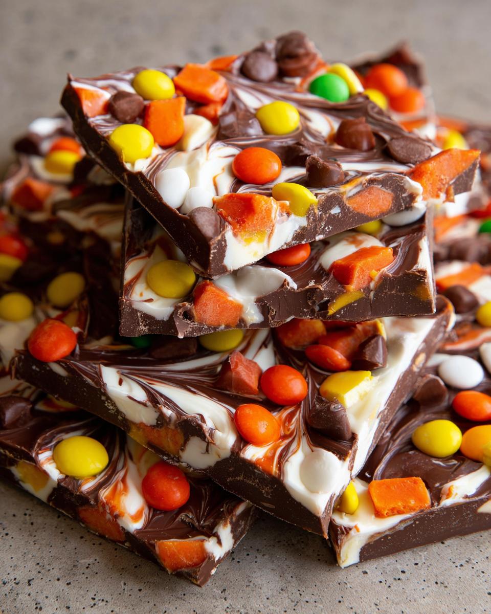 Close-up of stacked slices of Halloween Candy Bark with swirls of dark and white chocolate, and colorful candy pieces.