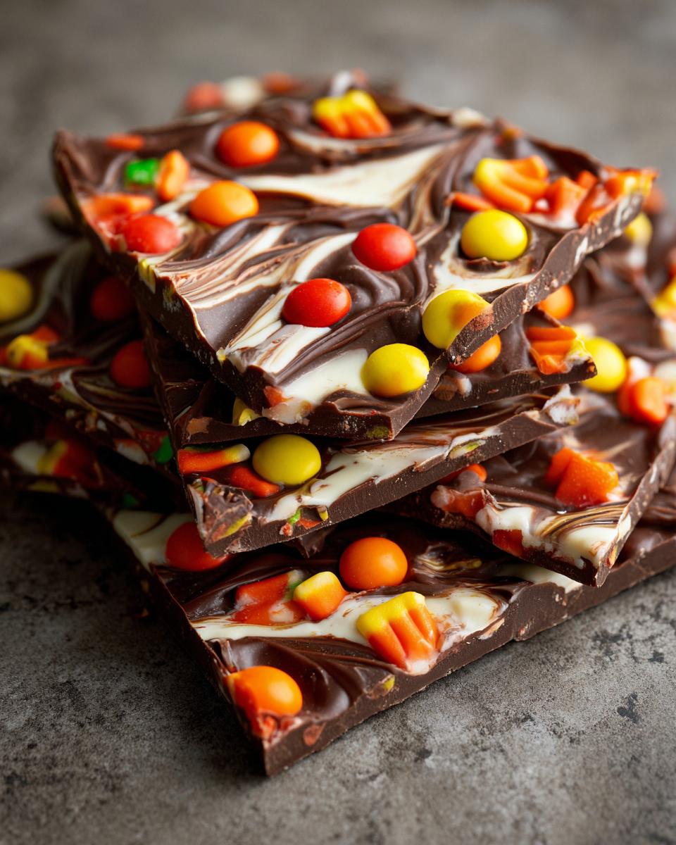 A stack of delicious Halloween Candy Bark pieces, swirled with white and dark chocolate and topped with candy corn and M&Ms.